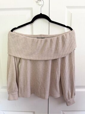 Final Touch Off-the-Shoulder Ribbed Sweater in Beige